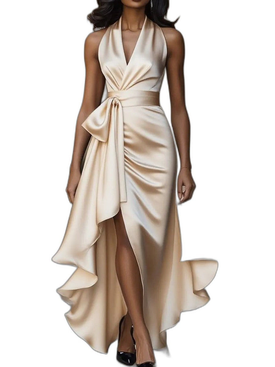 Elegant Black Satin Maxi Dress for Women with V Neck Sleeveless Wrap Ruffle Belted Formal Style