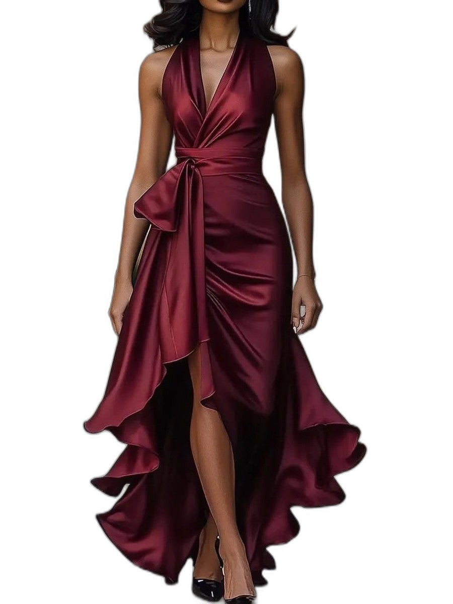 Elegant Black Satin Maxi Dress for Women with V Neck Sleeveless Wrap Ruffle Belted Formal Style