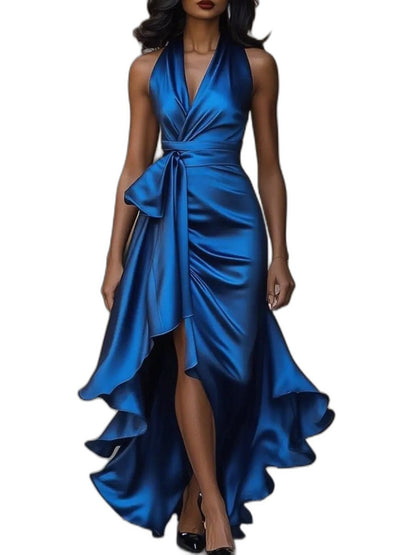 Elegant Black Satin Maxi Dress for Women with V Neck Sleeveless Wrap Ruffle Belted Formal Style