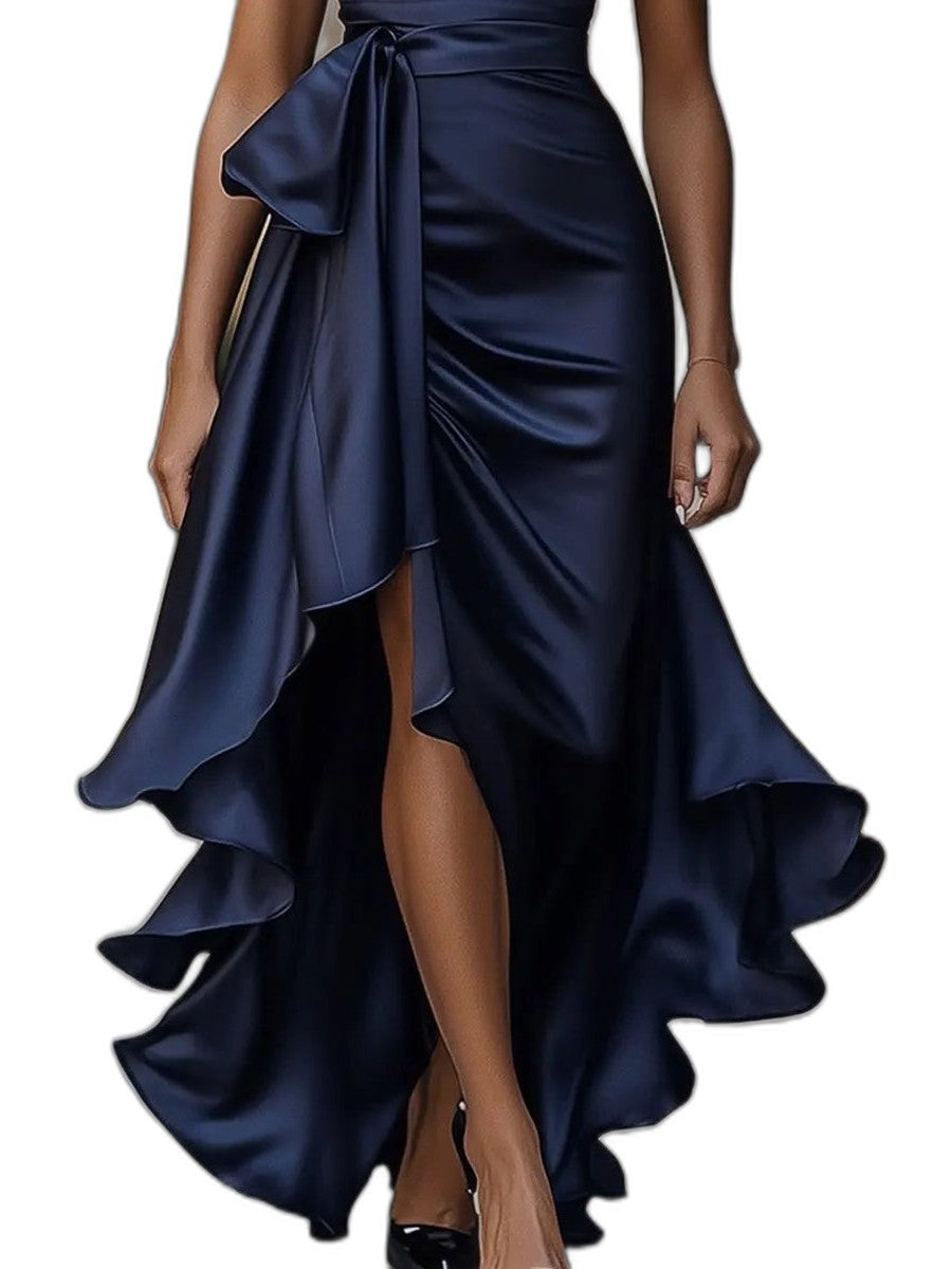 Elegant Black Satin Maxi Dress for Women with V Neck Sleeveless Wrap Ruffle Belted Formal Style
