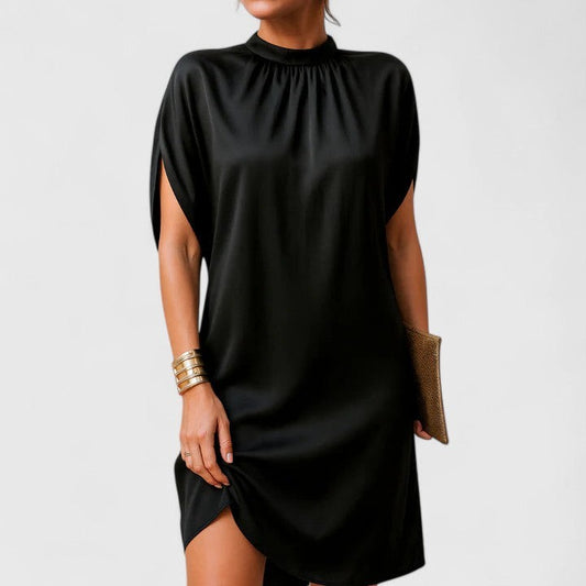 Elegant Black Satin Midi Dress for Women with High Neck Cap Sleeve Cocktail Style