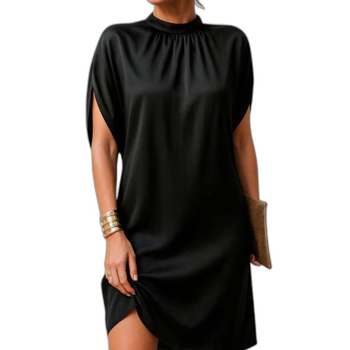 Elegant Black Satin Mini Dress for Women with High Neck Short Sleeve Flowing Cocktail Style