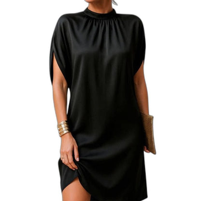 Elegant Black Satin Mini Dress for Women with High Neck Short Sleeve Flowing Cocktail Style