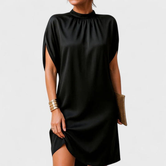 Elegant Black Satin Mini Dress for Women with High Neck Short Sleeve Flowing Cocktail Style