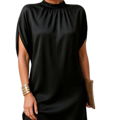 Elegant Black Satin Mini Dress for Women with High Neck Short Sleeve Flowing Cocktail Style