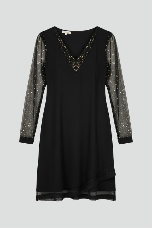 Elegant Black Sequin Mini Dress for Women with V Neck Long Sleeve Straight Leg Party Style