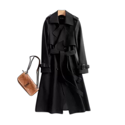 Elegant Black Trench Coat for Women with Collared Long Sleeve Button Front Belted Office Style