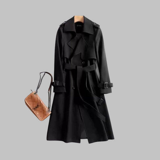 Elegant Black Trench Coat for Women with Collared Long Sleeve Button Front Belted Office Style