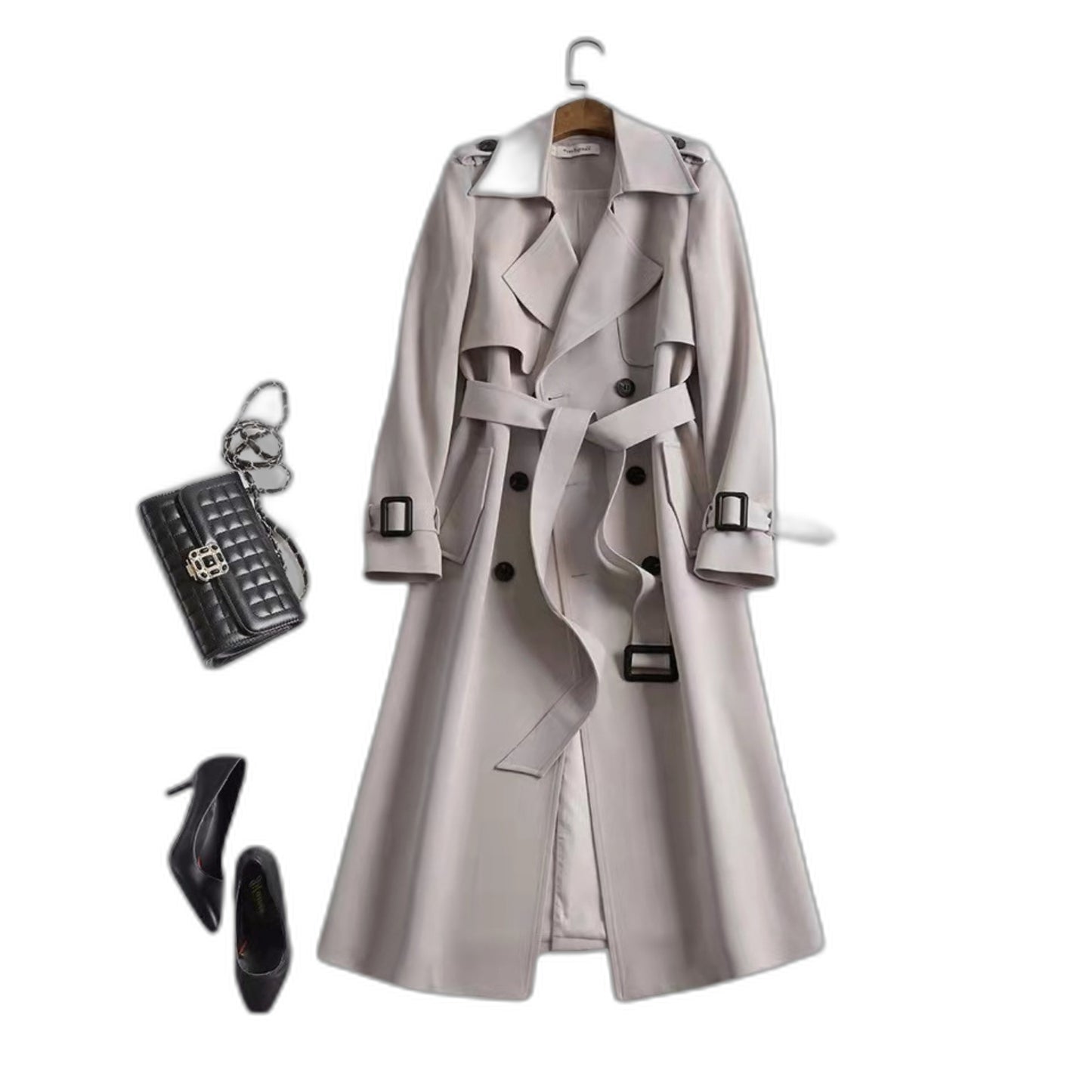 Elegant Black Trench Coat for Women with Collared Long Sleeve Button Front Belted Office Style