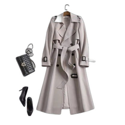 Elegant Black Trench Coat for Women with Collared Long Sleeve Button Front Belted Office Style