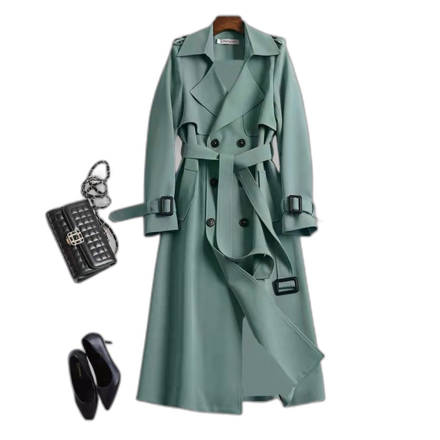 Elegant Black Trench Coat for Women with Collared Long Sleeve Button Front Belted Office Style
