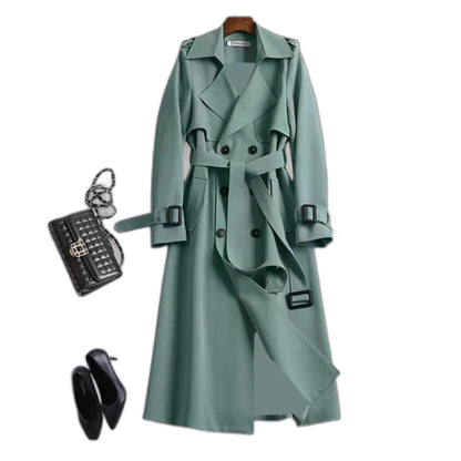 Elegant Black Trench Coat for Women with Collared Long Sleeve Button Front Belted Office Style