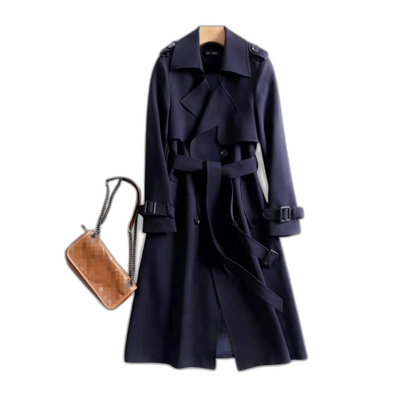 Elegant Black Trench Coat for Women with Collared Long Sleeve Button Front Belted Office Style