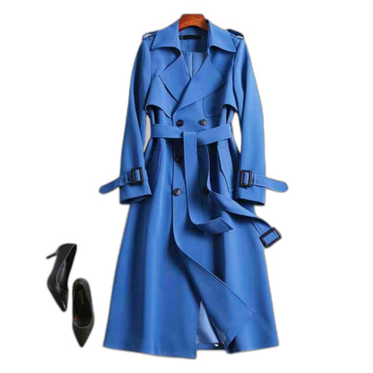 Elegant Black Trench Coat for Women with Collared Long Sleeve Button Front Belted Office Style