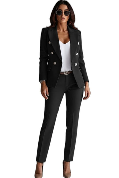 Elegant Black Two Piece Set for Women with Button Front Straight Leg Formal Style