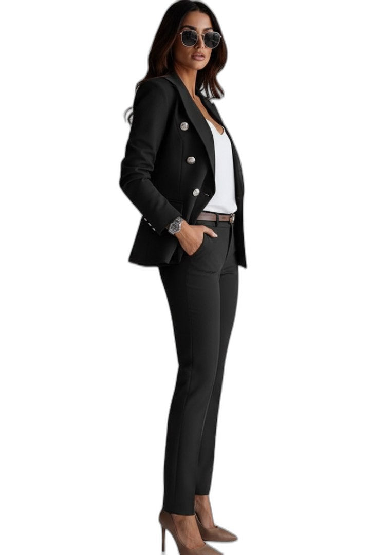 Elegant Black Two Piece Set for Women with Button Front Straight Leg Formal Style