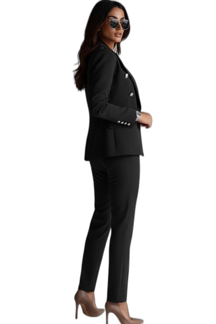 Elegant Black Two Piece Set for Women with Button Front Straight Leg Formal Style