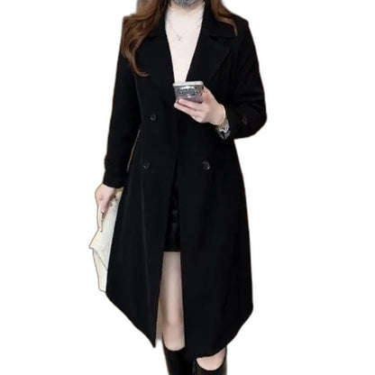 Elegant Black Wool Coat for Women with Collared Long Sleeve Button Front Belted Office Style