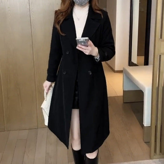 Elegant Black Wool Coat for Women with Collared Long Sleeve Button Front Belted Office Style