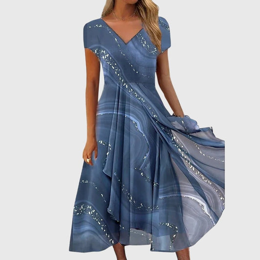 Elegant Blue Abstract Midi Dress for Women with V Neck Short Sleeve A Line Flowing Cocktail Style