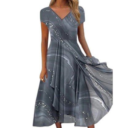 Elegant Blue Abstract Midi Dress for Women with V Neck Short Sleeve A Line Flowing Cocktail Style