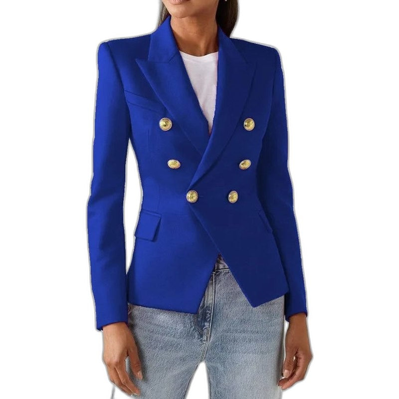 Elegant Blue Blazer for Women with Collared Long Sleeve Button Front Office Style