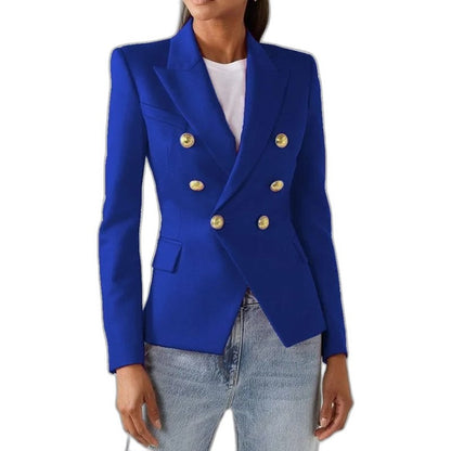 Elegant Blue Blazer for Women with Collared Long Sleeve Button Front Office Style