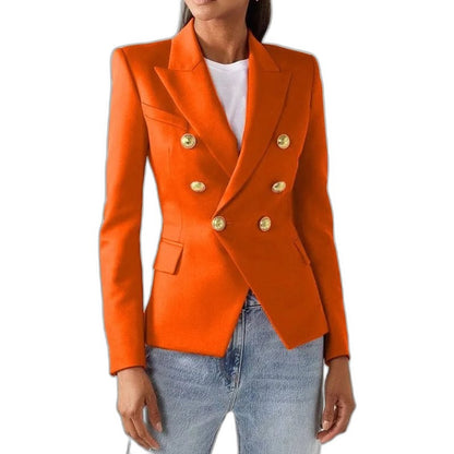 Elegant Blue Blazer for Women with Collared Long Sleeve Button Front Office Style
