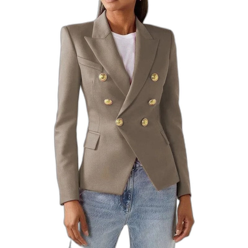 Elegant Blue Blazer for Women with Collared Long Sleeve Button Front Office Style