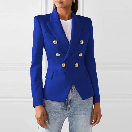 Elegant Blue Blazer for Women with Collared Long Sleeve Button Front Office Style