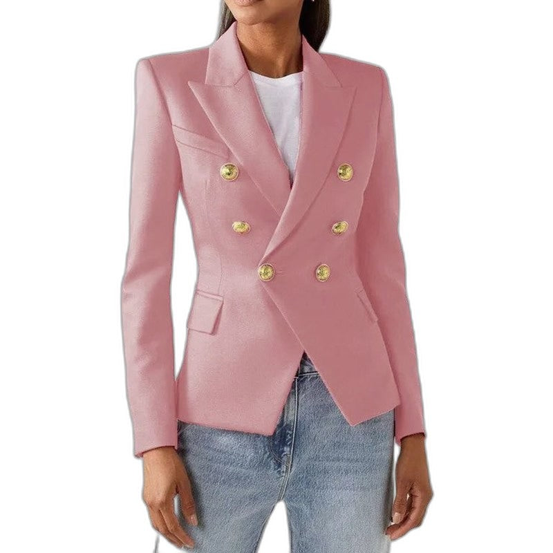 Elegant Blue Blazer for Women with Collared Long Sleeve Button Front Office Style