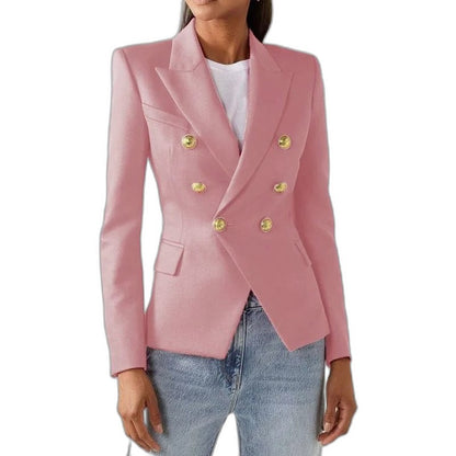 Elegant Blue Blazer for Women with Collared Long Sleeve Button Front Office Style