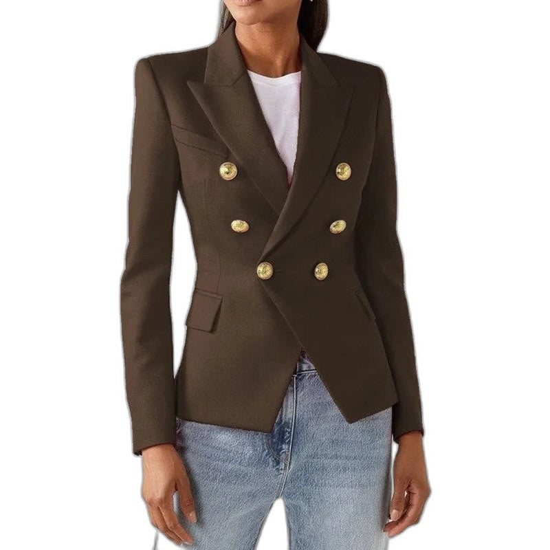 Elegant Blue Blazer for Women with Collared Long Sleeve Button Front Office Style