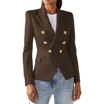 Elegant Blue Blazer for Women with Collared Long Sleeve Button Front Office Style