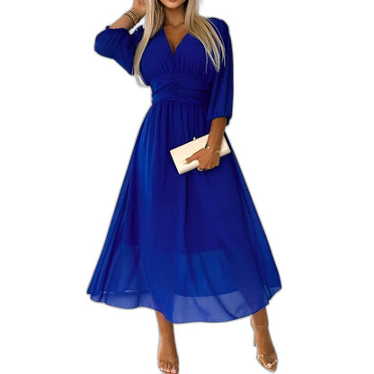 Elegant Blue Chiffon Midi Dress for Women with V Neck Long Sleeve A Line Belted Fit And Flare Cocktail Style