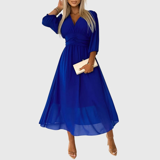 Elegant Blue Chiffon Midi Dress for Women with V Neck Long Sleeve A Line Belted Fit And Flare Cocktail Style