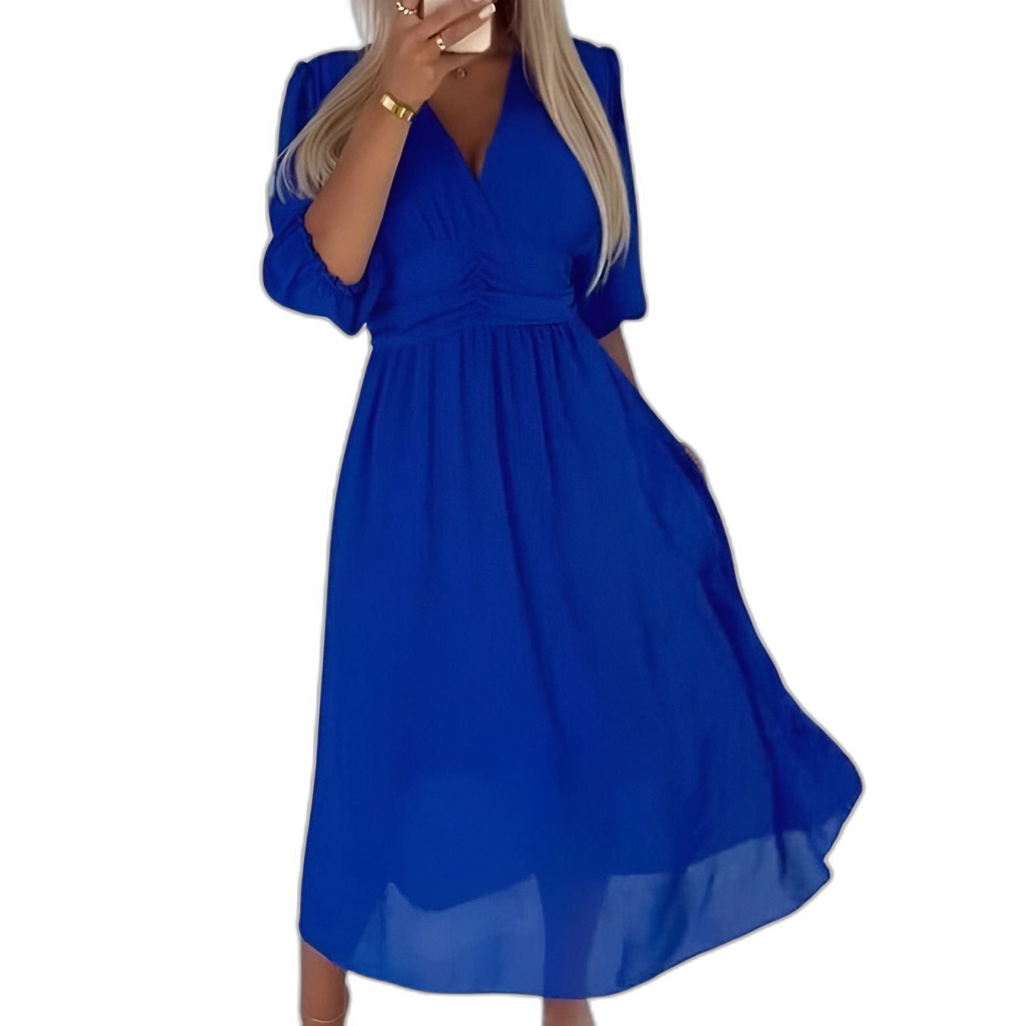 Elegant Blue Chiffon Midi Dress for Women with V Neck Long Sleeve A Line Belted Fit And Flare Cocktail Style