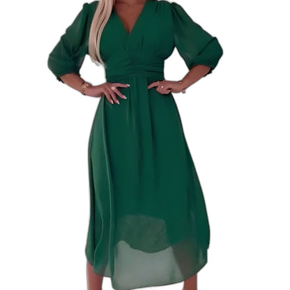 Elegant Blue Chiffon Midi Dress for Women with V Neck Long Sleeve A Line Belted Fit And Flare Cocktail Style