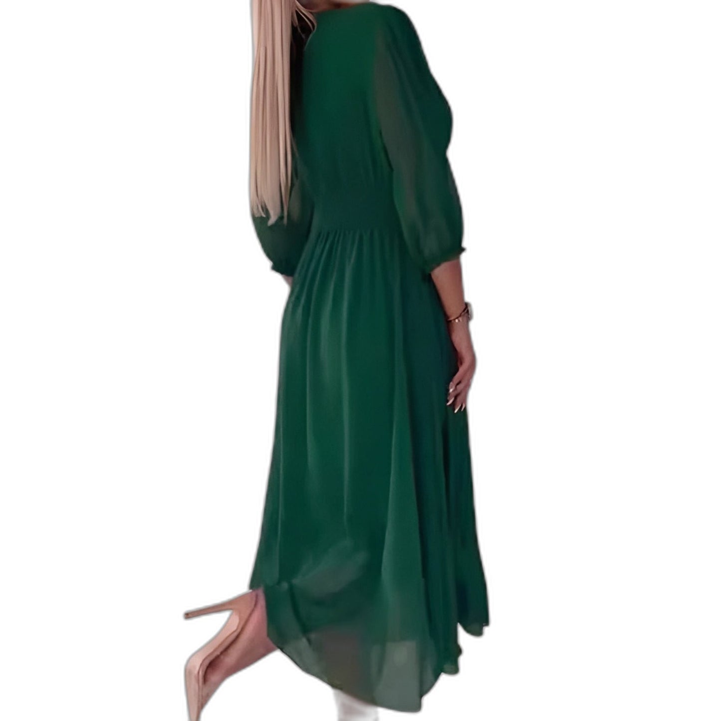 Elegant Blue Chiffon Midi Dress for Women with V Neck Long Sleeve A Line Belted Fit And Flare Cocktail Style