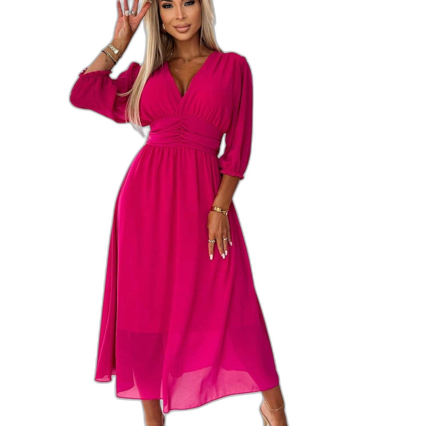 Elegant Blue Chiffon Midi Dress for Women with V Neck Long Sleeve A Line Belted Fit And Flare Cocktail Style