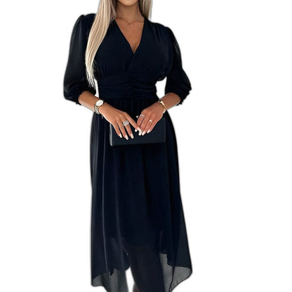 Elegant Blue Chiffon Midi Dress for Women with V Neck Long Sleeve A Line Belted Fit And Flare Cocktail Style