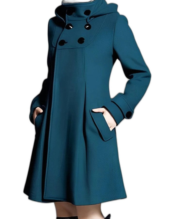 Elegant Blue Coat for Women with High Neck Long Sleeve Button Front Fit And Flare Formal Style
