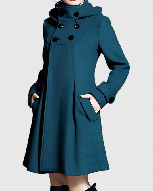 Elegant Blue Coat for Women with High Neck Long Sleeve Button Front Fit And Flare Formal Style