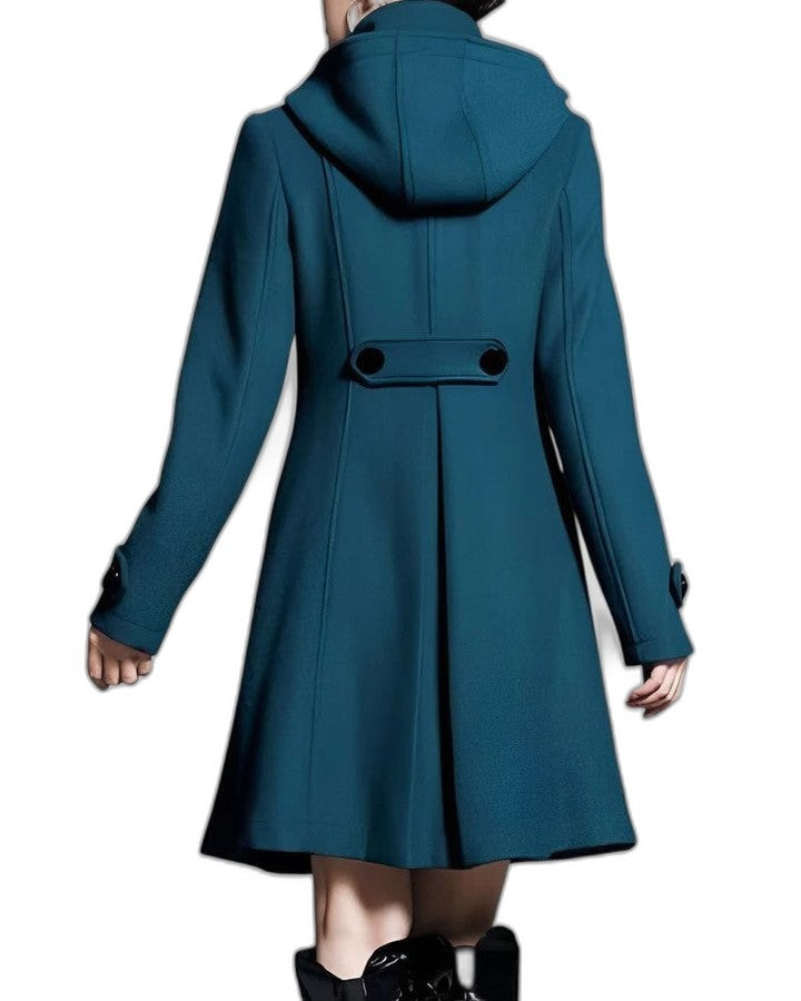 Elegant Blue Coat for Women with High Neck Long Sleeve Button Front Fit And Flare Formal Style