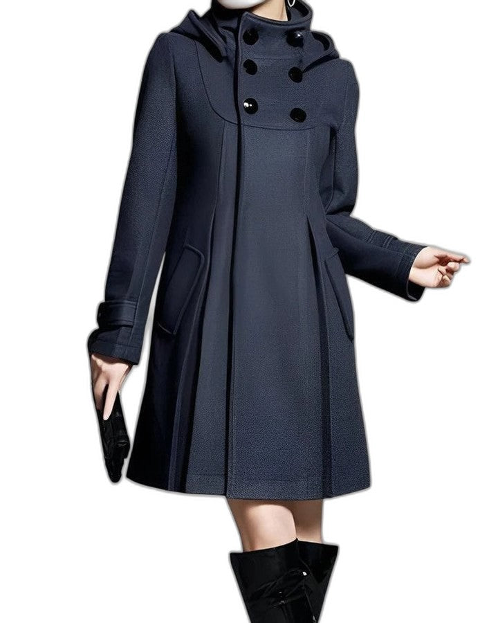 Elegant Blue Coat for Women with High Neck Long Sleeve Button Front Fit And Flare Formal Style
