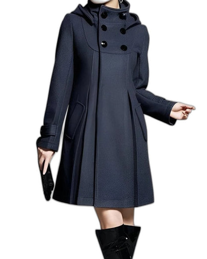 Elegant Blue Coat for Women with High Neck Long Sleeve Button Front Fit And Flare Formal Style