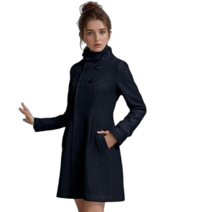 Elegant Blue Coat for Women with High Neck Long Sleeve Button Front Fit And Flare Formal Style