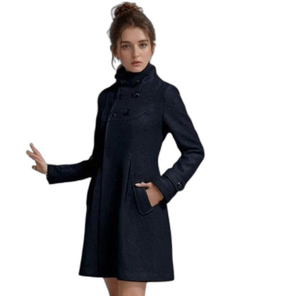 Elegant Blue Coat for Women with High Neck Long Sleeve Button Front Fit And Flare Formal Style