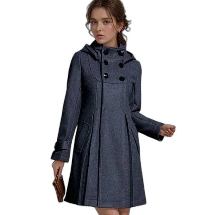 Elegant Blue Coat for Women with High Neck Long Sleeve Button Front Fit And Flare Formal Style