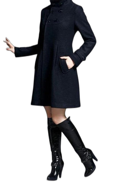 Elegant Blue Coat for Women with High Neck Long Sleeve Button Front Fit And Flare Formal Style